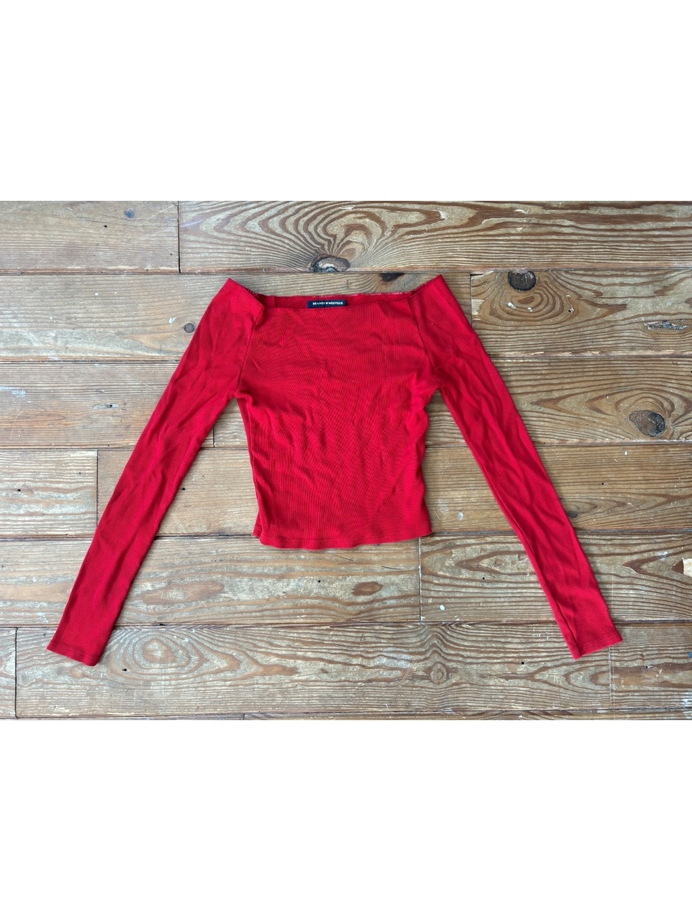 Brandy Melville Red Ribbed Long Sleeve Boat Neck Fitted Crop Top OS